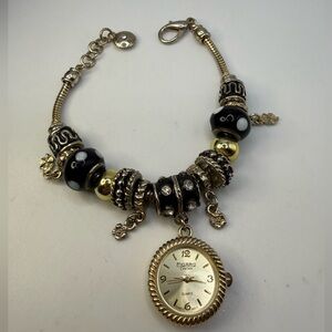 Figaro Couture Charm Bracelet Watch Gold Tone Beaded Quartz Needs Battery
